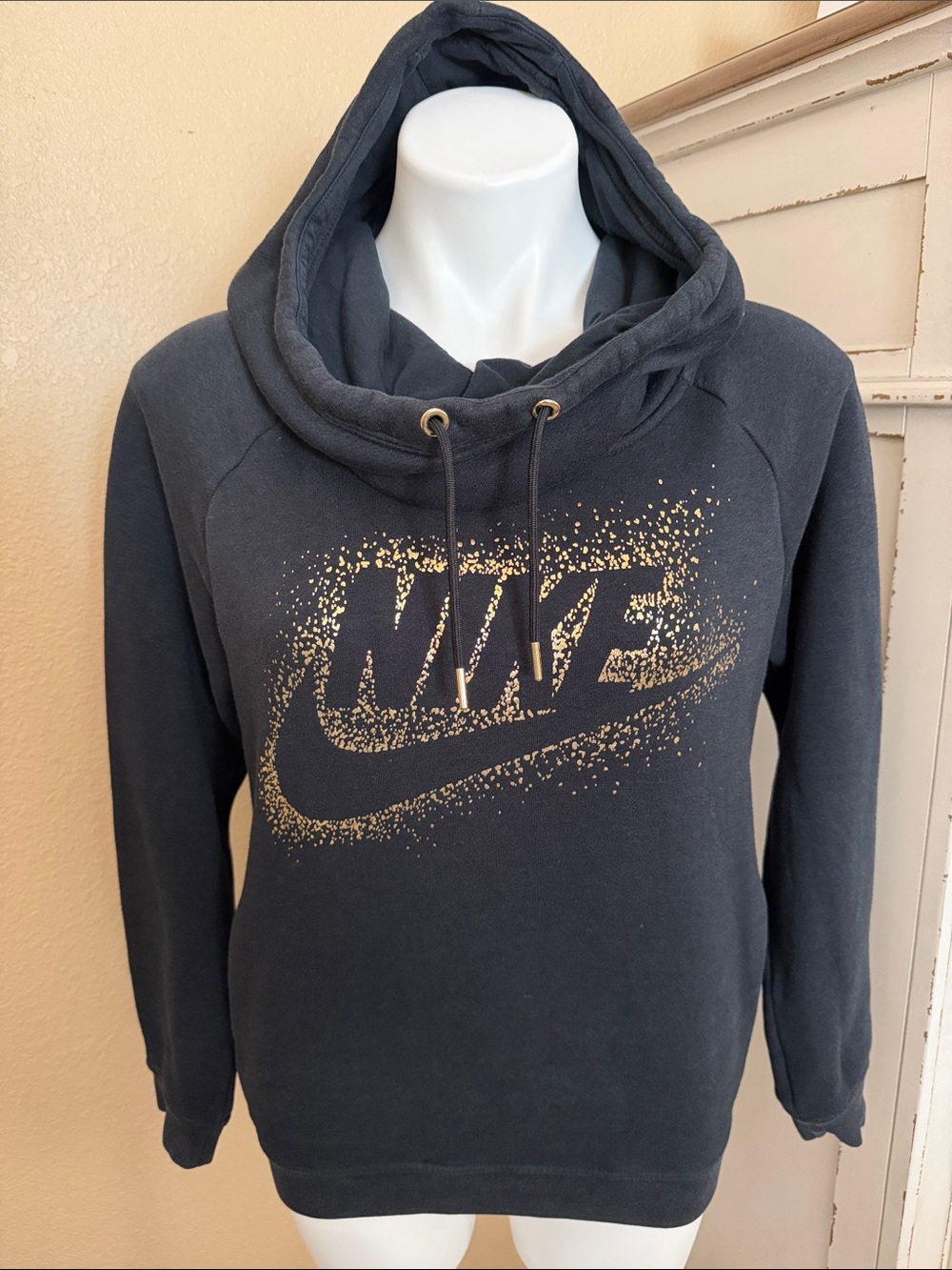 Nike Women’s Black Cowl Neck Hoodie with Gold Logo